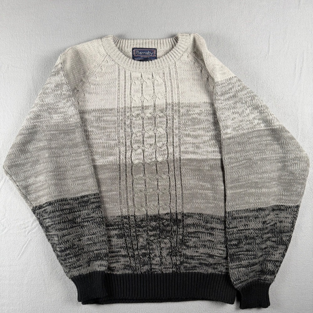 Vintage Barnaby Mens 2X Grey Cable Knit Colorblock Crewneck Sweater Acrylic